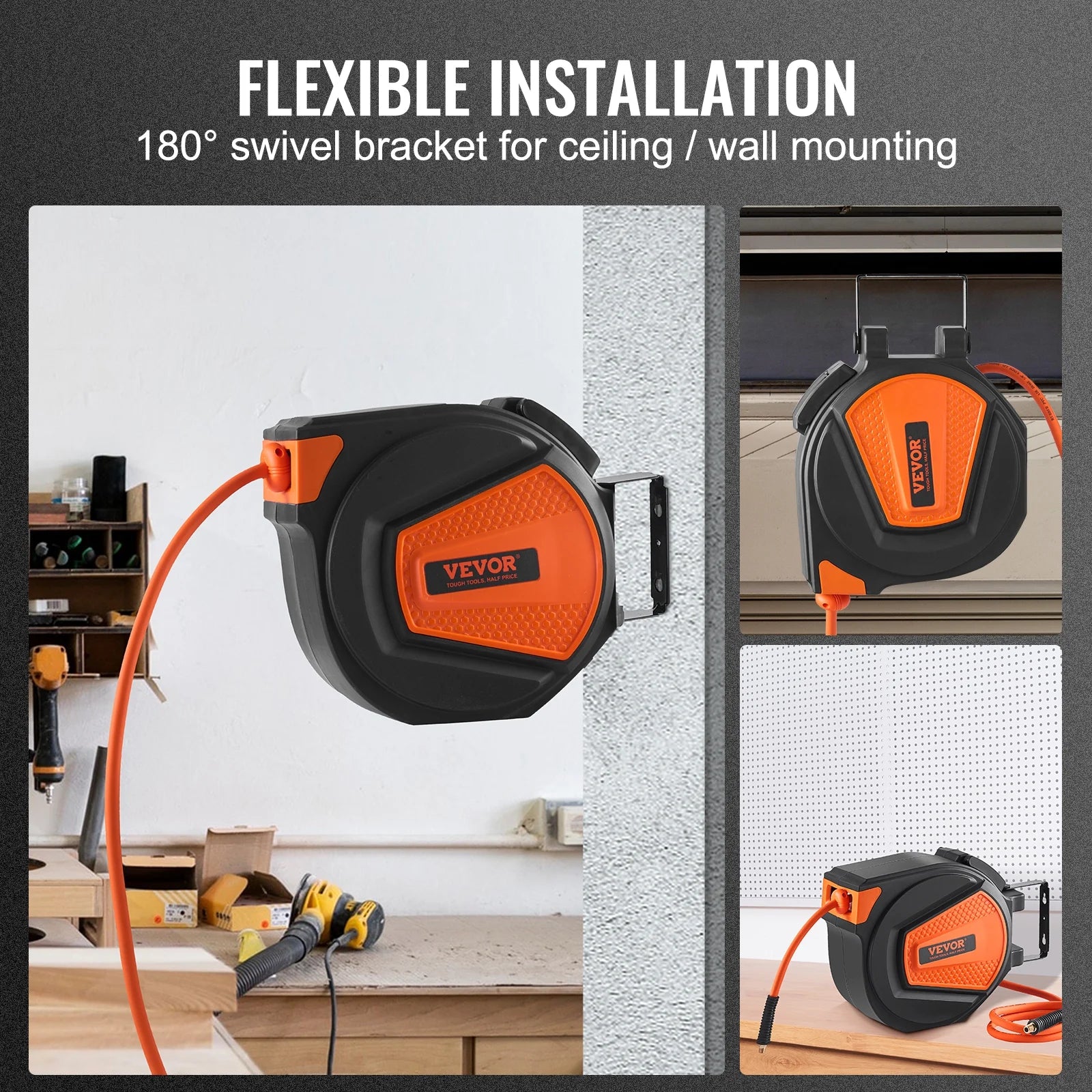 BENTISM Retractable Air Hose Reel, 3/8 IN x 50 FT Hybrid Air Hose Max 300PSI, Air Compressor Hose Reel with 5 ft Lead in, Ceiling/Wall Mount Enclosed Air Reel, 180° Swivel Mount