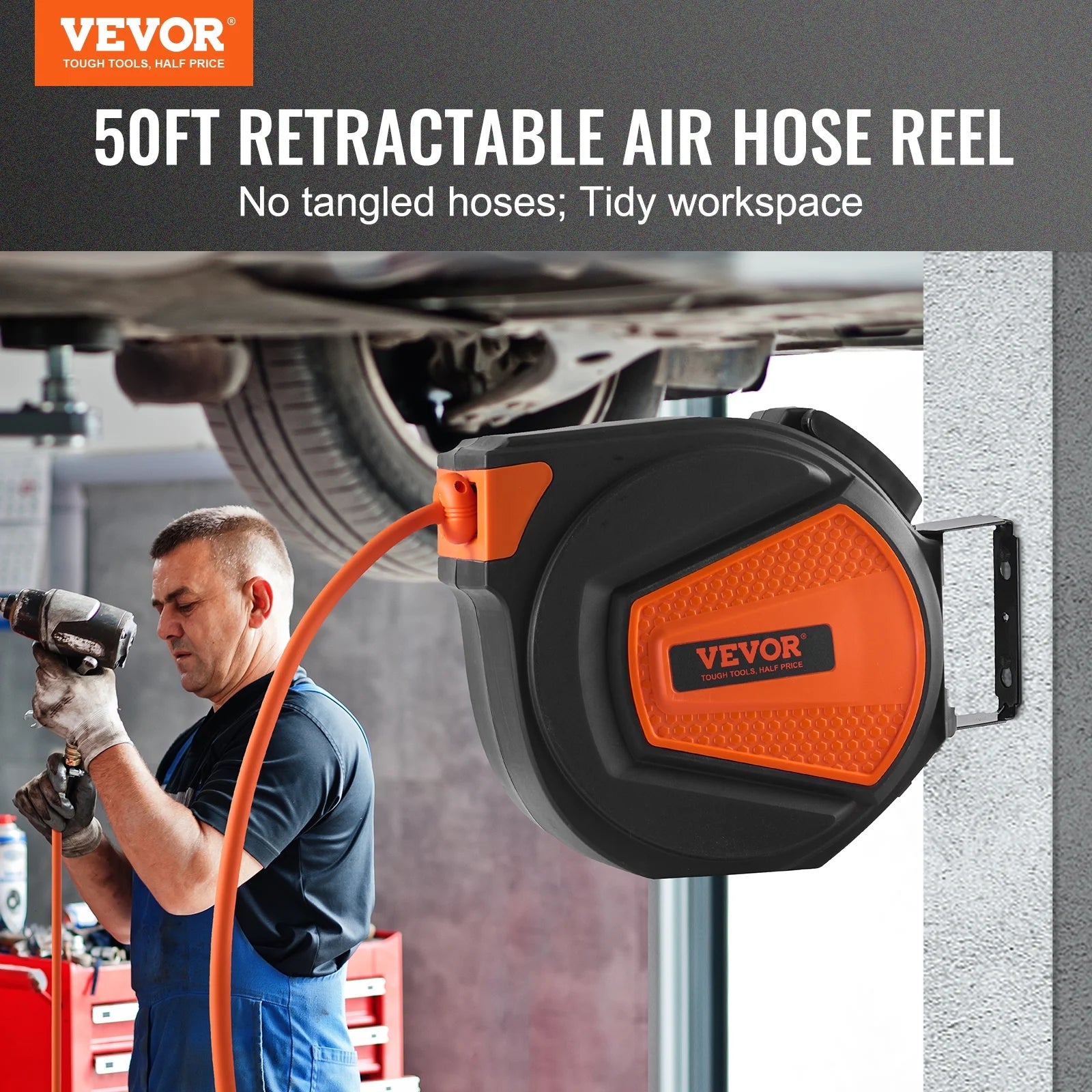 BENTISM Retractable Air Hose Reel, 3/8 IN x 50 FT Hybrid Air Hose Max 300PSI, Air Compressor Hose Reel with 5 ft Lead in, Ceiling/Wall Mount Enclosed Air Reel, 180° Swivel Mount