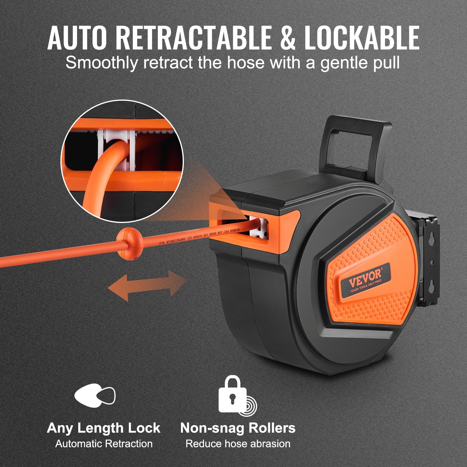 BENTISM Retractable Air Hose Reel, 3/8 IN x 50 FT Hybrid Air Hose Max 300PSI, Air Compressor Hose Reel with 5 ft Lead in, Ceiling/Wall Mount Enclosed Air Reel, 180° Swivel Mount