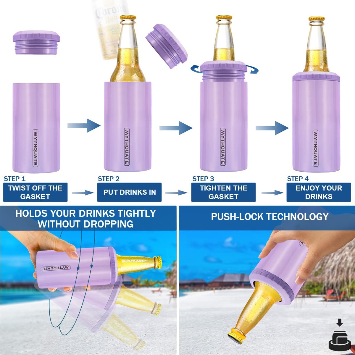 3 in 1 Slim Can Cooler for 12 OZ Skinny Can, Regular Can & Beer Bottle - Keep Cold for 6 Hours - Double Walled Insulated Stainless Steel Vacuum Beverage Can Insulator (Lavender Purple)