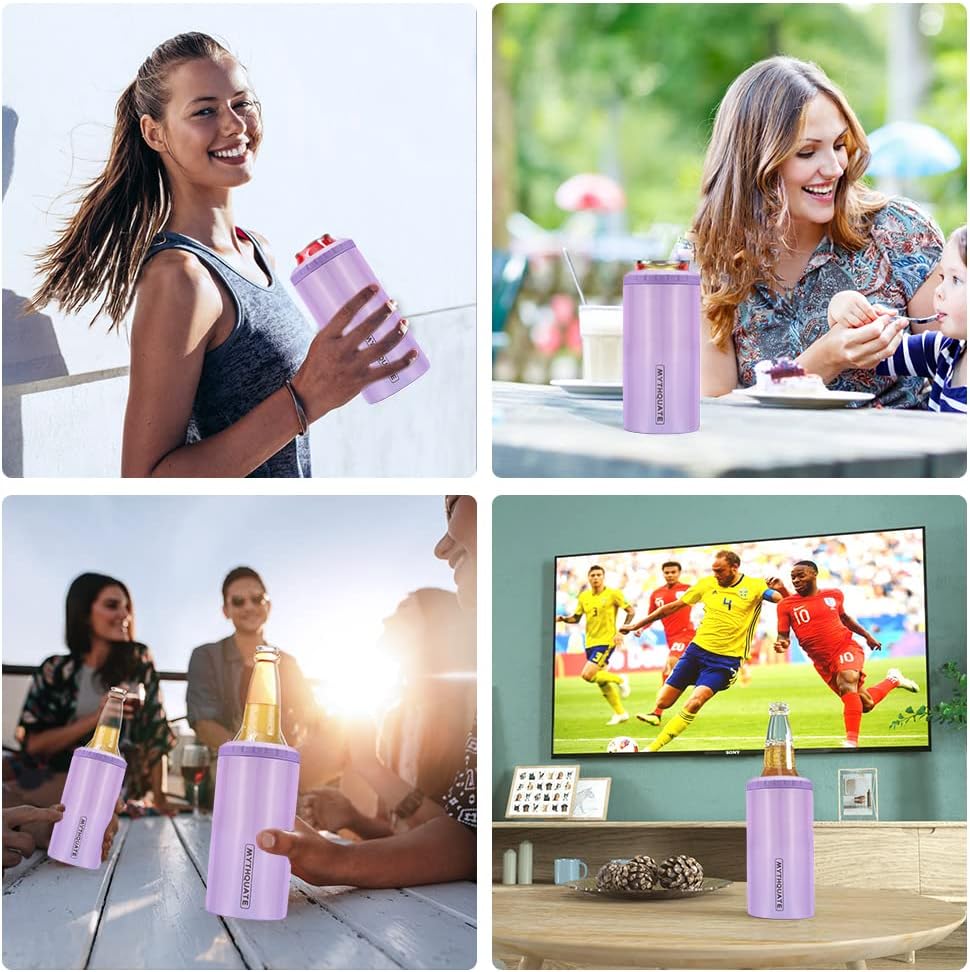 3 in 1 Slim Can Cooler for 12 OZ Skinny Can, Regular Can & Beer Bottle - Keep Cold for 6 Hours - Double Walled Insulated Stainless Steel Vacuum Beverage Can Insulator (Lavender Purple)
