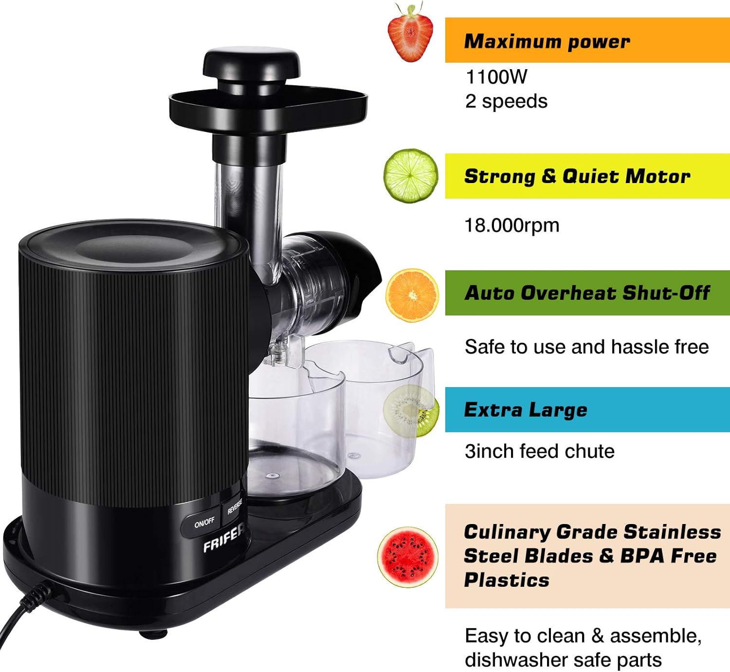 Frifer Slow Masticating Juicer, Cold Press Juicer Machines with 2-Speed Modes, Reverse Function, Electric Masticating Juicer Extractor with Brush for Fruit and Vegetable, Easy to Clean, BPA Free…