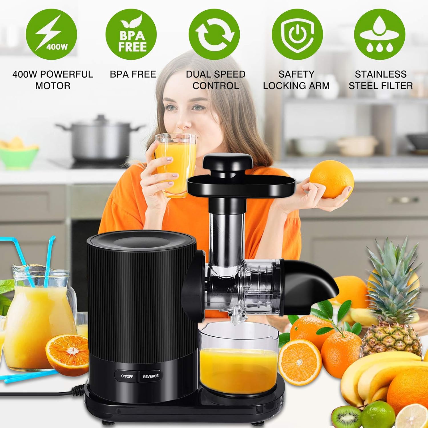 Frifer Slow Masticating Juicer, Cold Press Juicer Machines with 2-Speed Modes, Reverse Function, Electric Masticating Juicer Extractor with Brush for Fruit and Vegetable, Easy to Clean, BPA Free…
