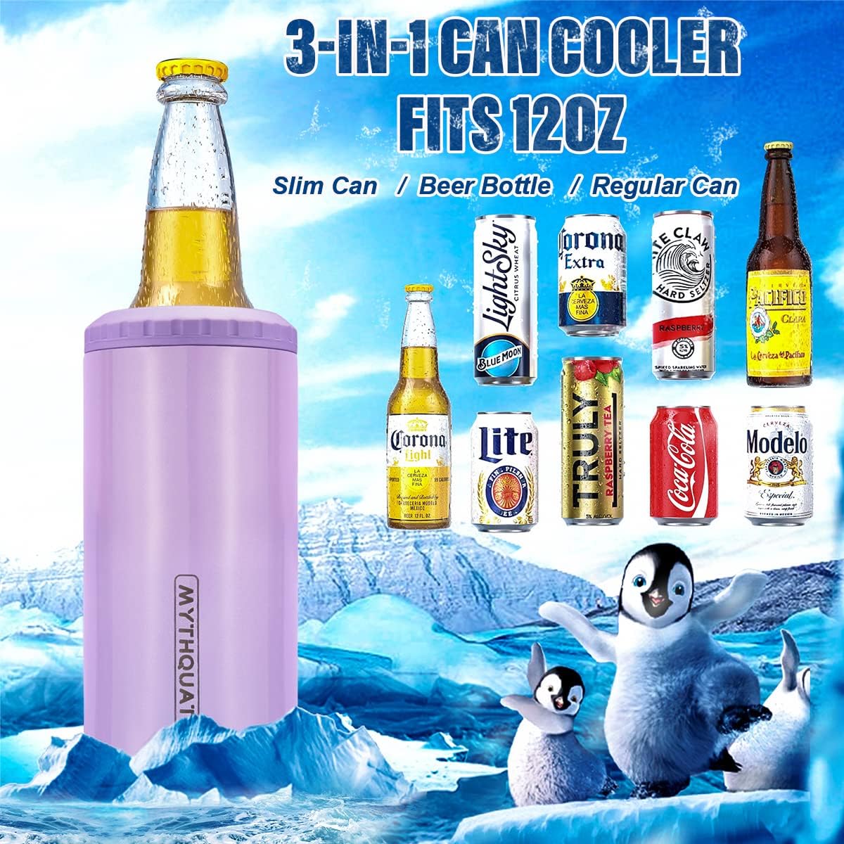 3 in 1 Slim Can Cooler for 12 OZ Skinny Can, Regular Can & Beer Bottle - Keep Cold for 6 Hours - Double Walled Insulated Stainless Steel Vacuum Beverage Can Insulator (Lavender Purple)